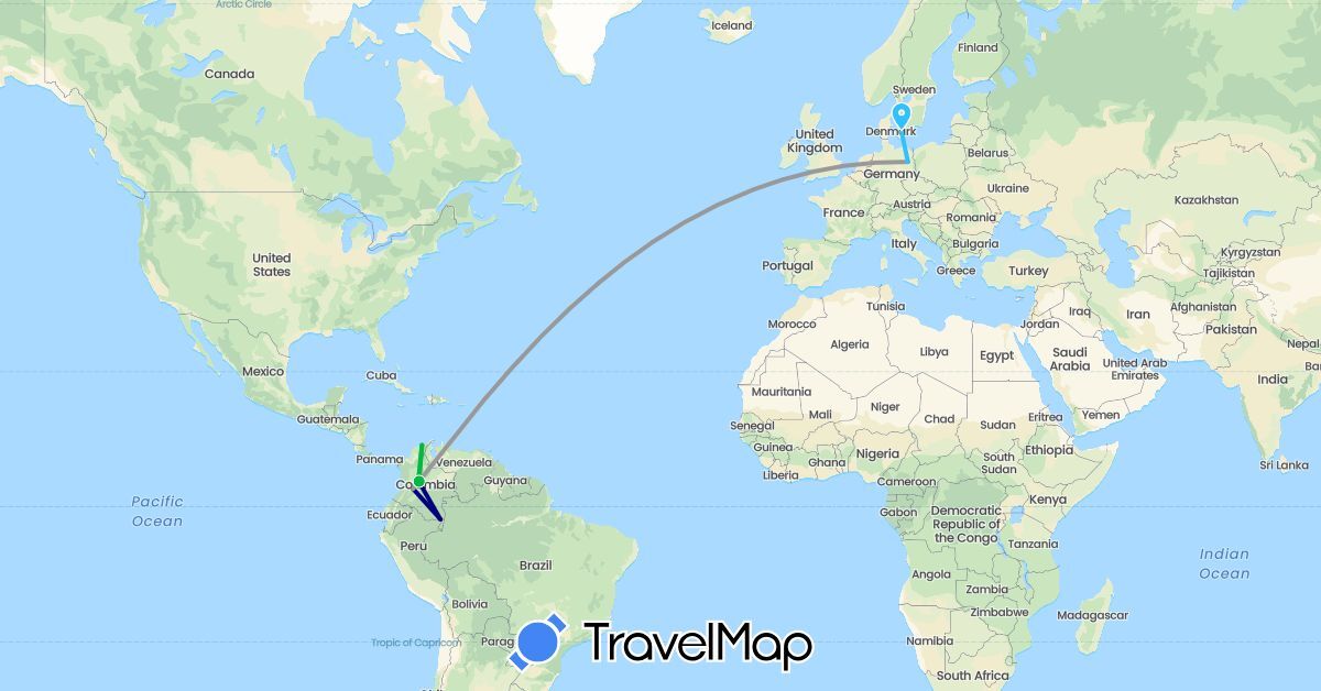TravelMap itinerary: driving, bus, plane, hiking, boat in Colombia, Germany, Denmark (Europe, South America)